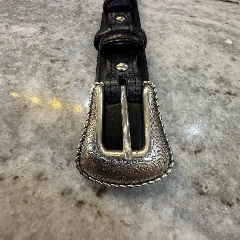 Nocona Black Leather Western Belt Silver Buckle Braided Sz Mens 40 Double Tongue